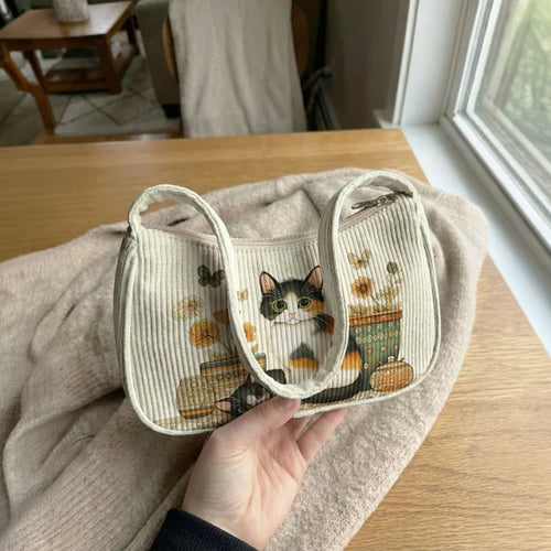 Corduroy Cat Print Shoulder Bag – Retro Underarm Hobo Bag