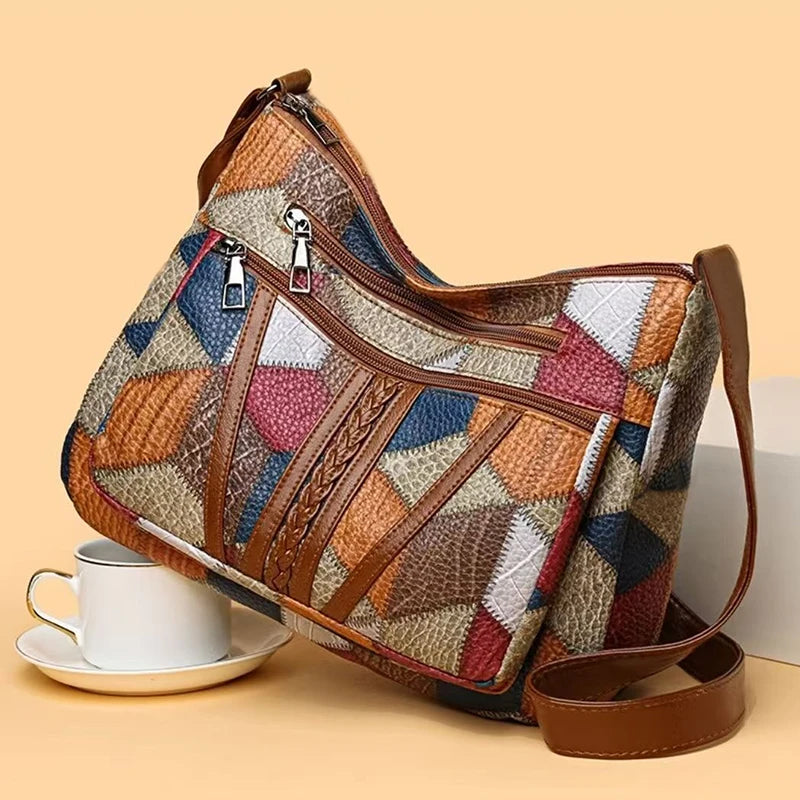 Geometric Patchwork Shoulder Bag – Adjustable Strap Tote