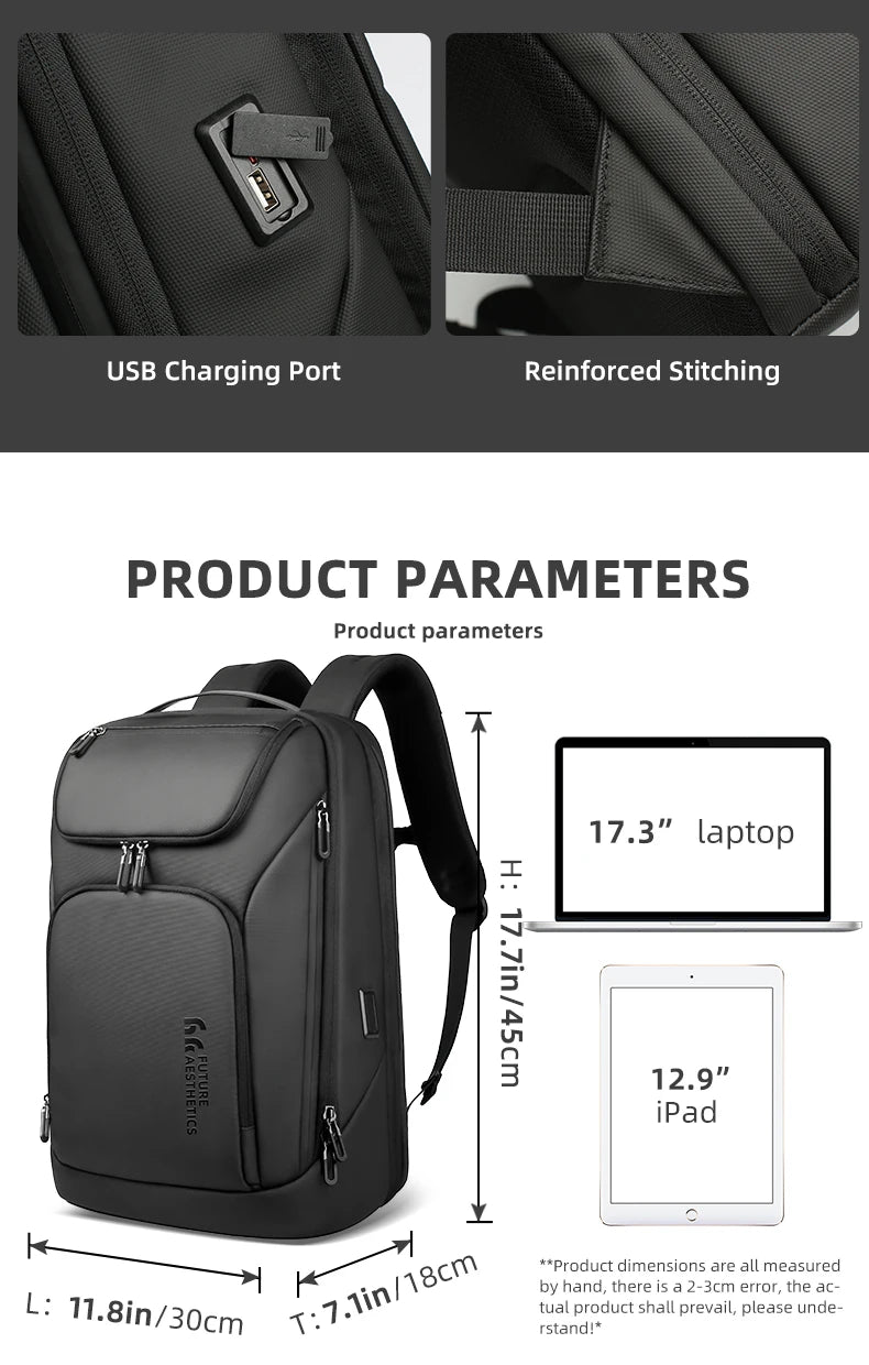 Men's Waterproof Laptop Backpack – 17.3" Business Backpack with USB Charging
