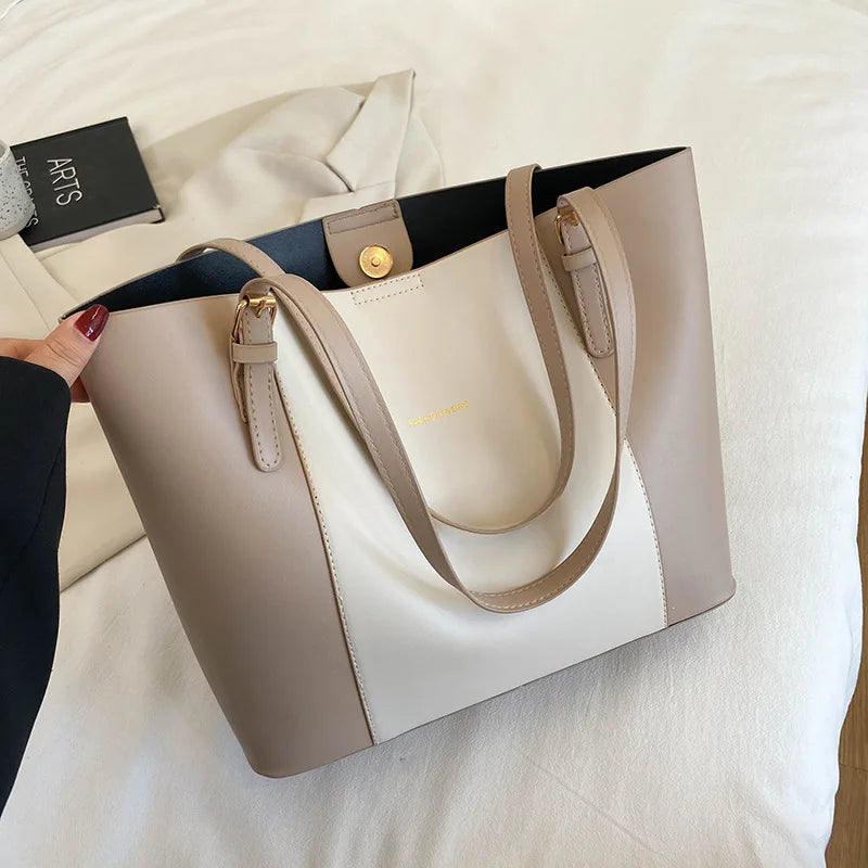 Women's Minimalist Gold-Hardware Tote Bag – Detachable-Pouch Work Handbag