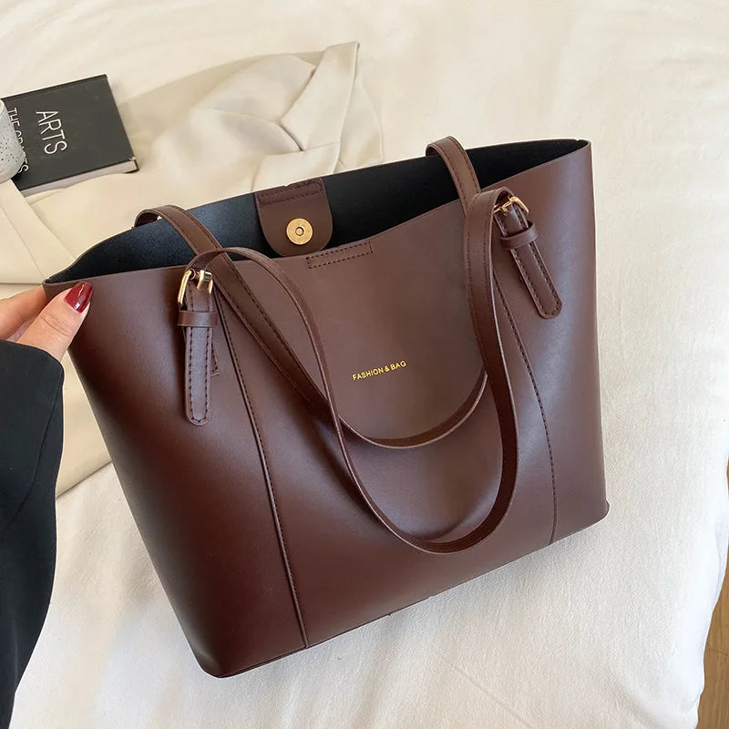 Women's Minimalist Gold-Hardware Tote Bag – Detachable-Pouch Work Handbag