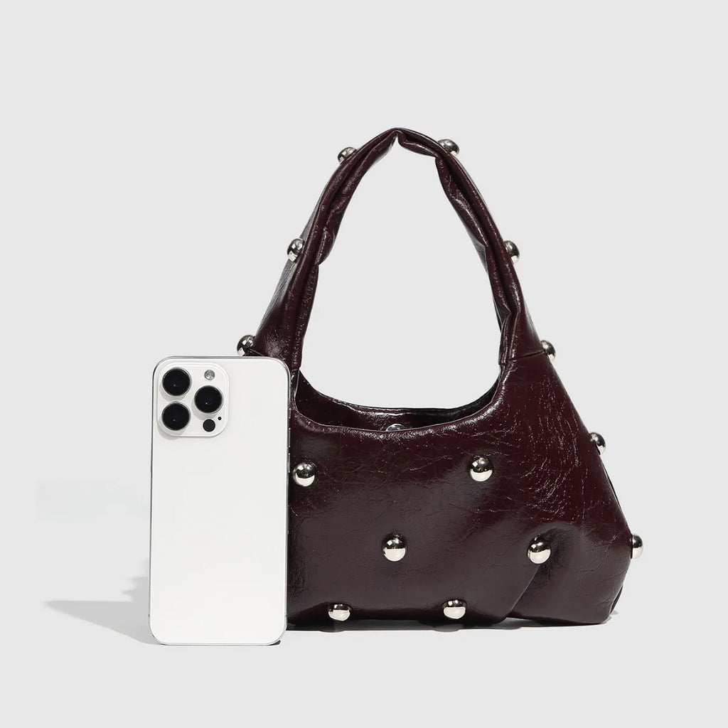 Half-Moon Shoulder Bag – Soft PU Leather Handbag with Rivet Detail