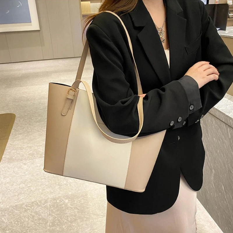 Women's Minimalist Gold-Hardware Tote Bag – Detachable-Pouch Work Handbag