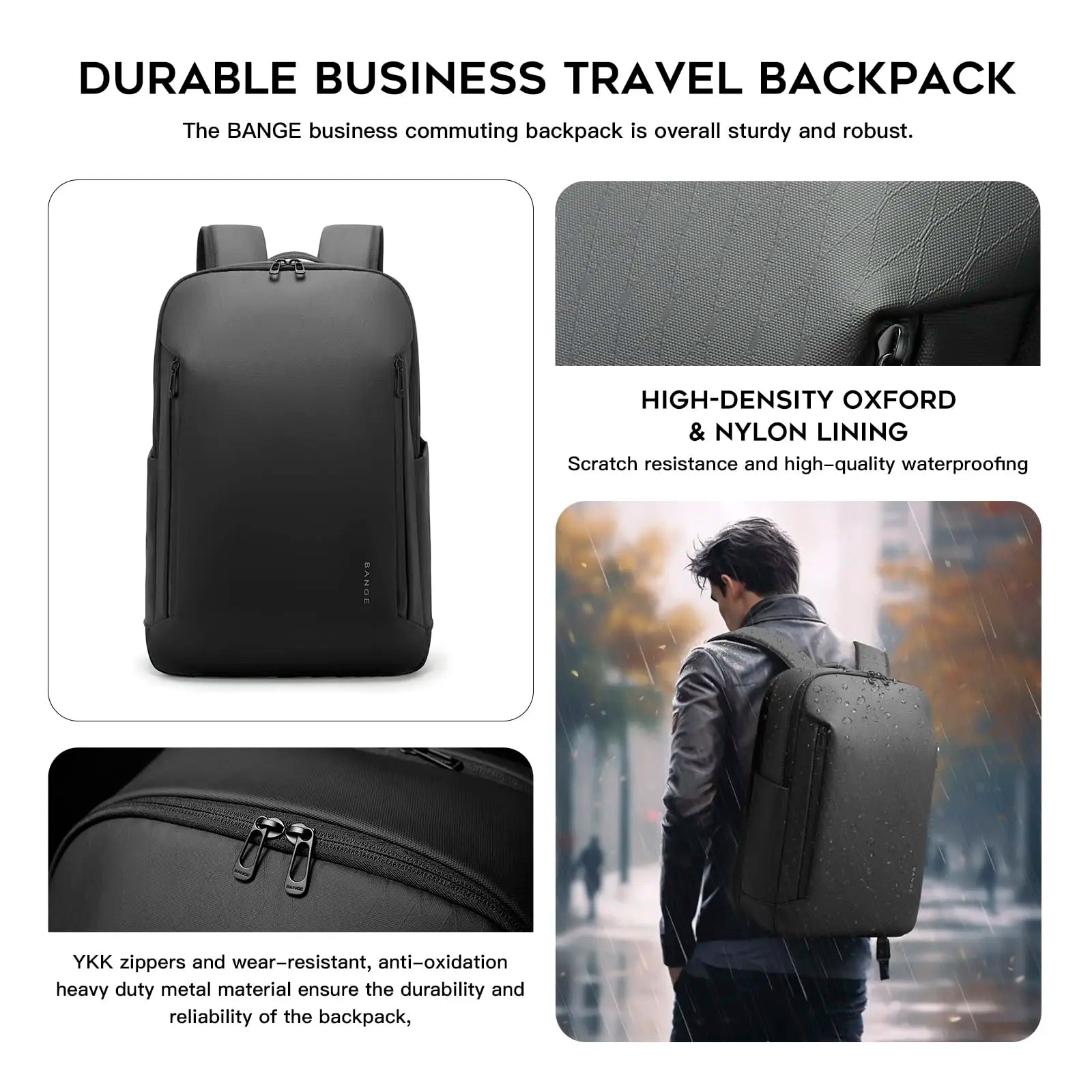 Bange Men's Backpack – Water-Resistant 15.6" Laptop Bag with YKK Zippers