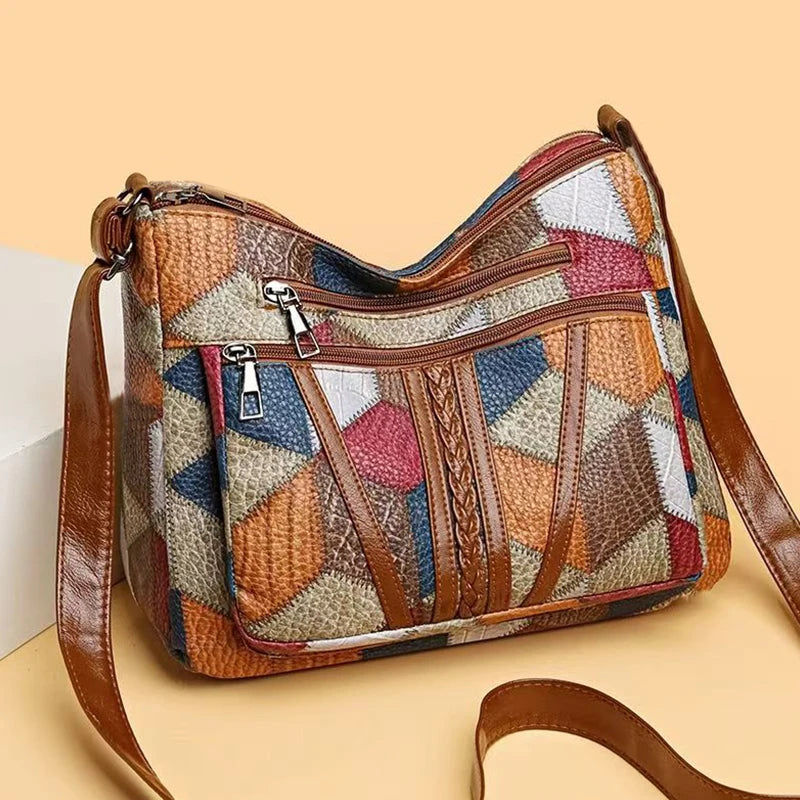 Geometric Patchwork Shoulder Bag – Adjustable Strap Tote