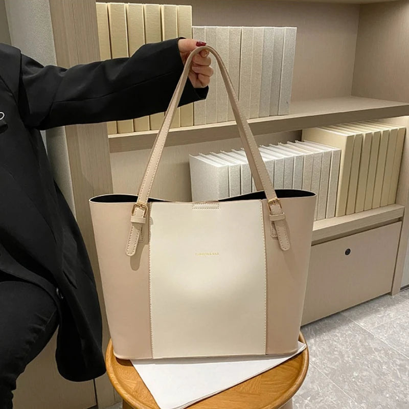 Women's Minimalist Gold-Hardware Tote Bag – Detachable-Pouch Work Handbag