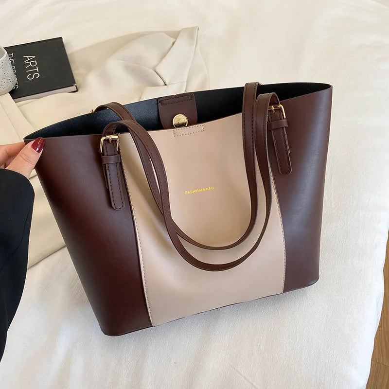Women's Minimalist Gold-Hardware Tote Bag – Detachable-Pouch Work Handbag