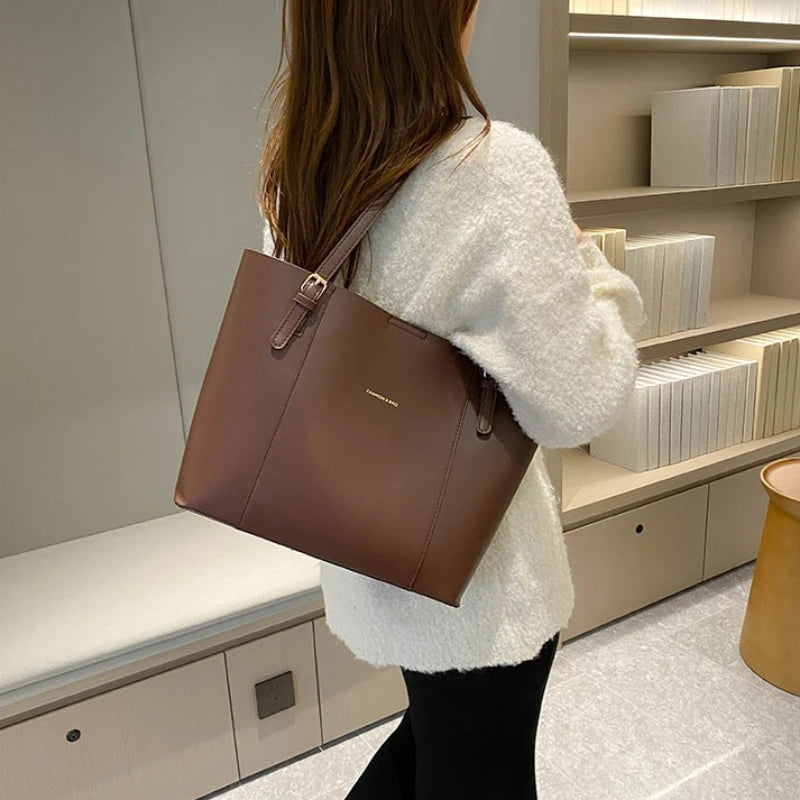 Women's Minimalist Gold-Hardware Tote Bag – Detachable-Pouch Work Handbag